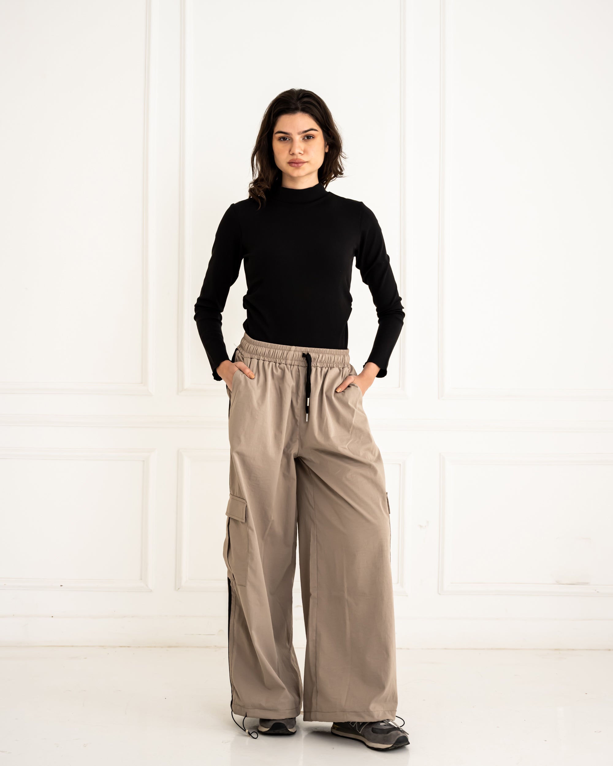 STRIPPED WIDE LEG PANTS -CAFE
