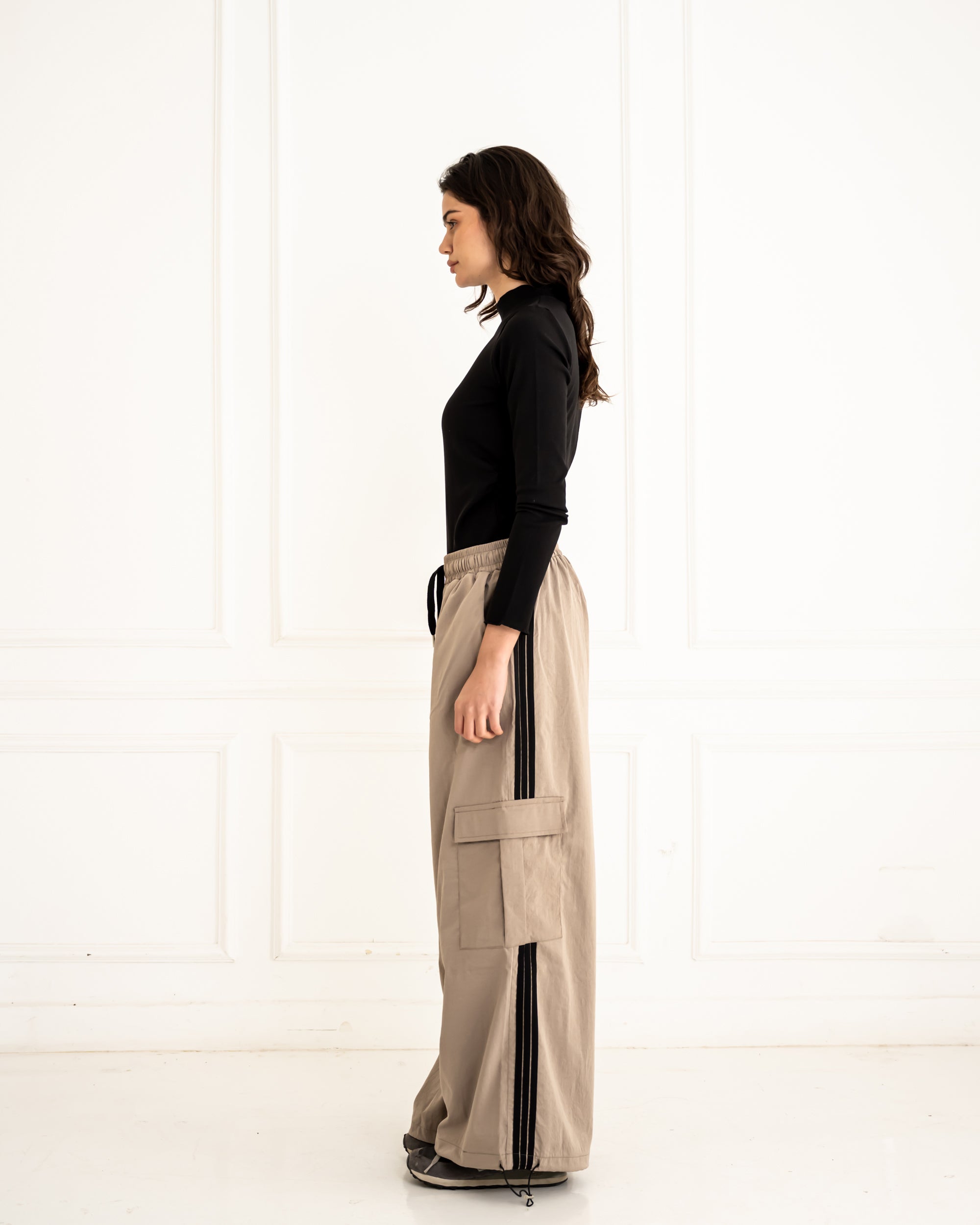 STRIPPED WIDE LEG PANTS -CAFE