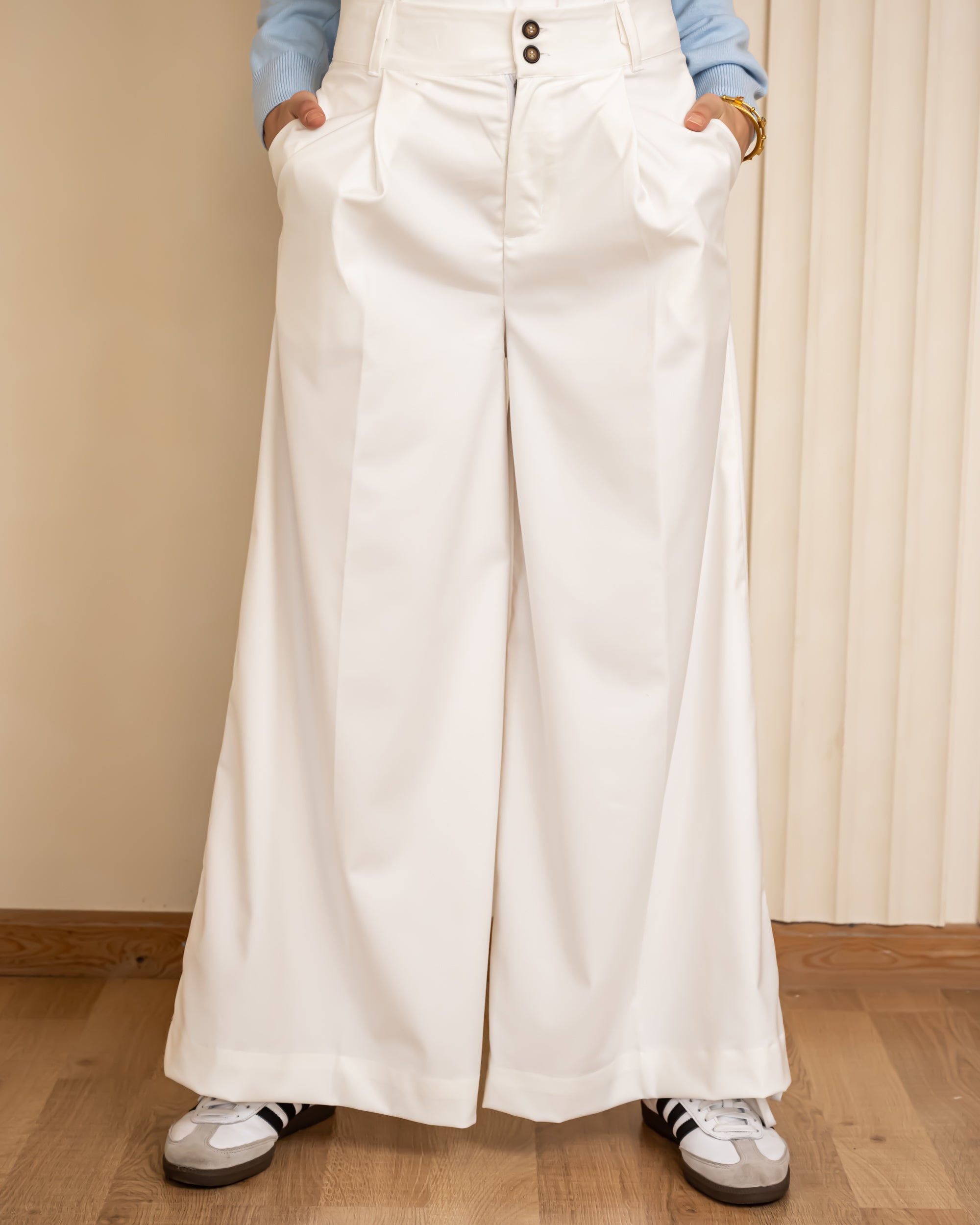 DARTED WIDE LEG PANTS- WHITE