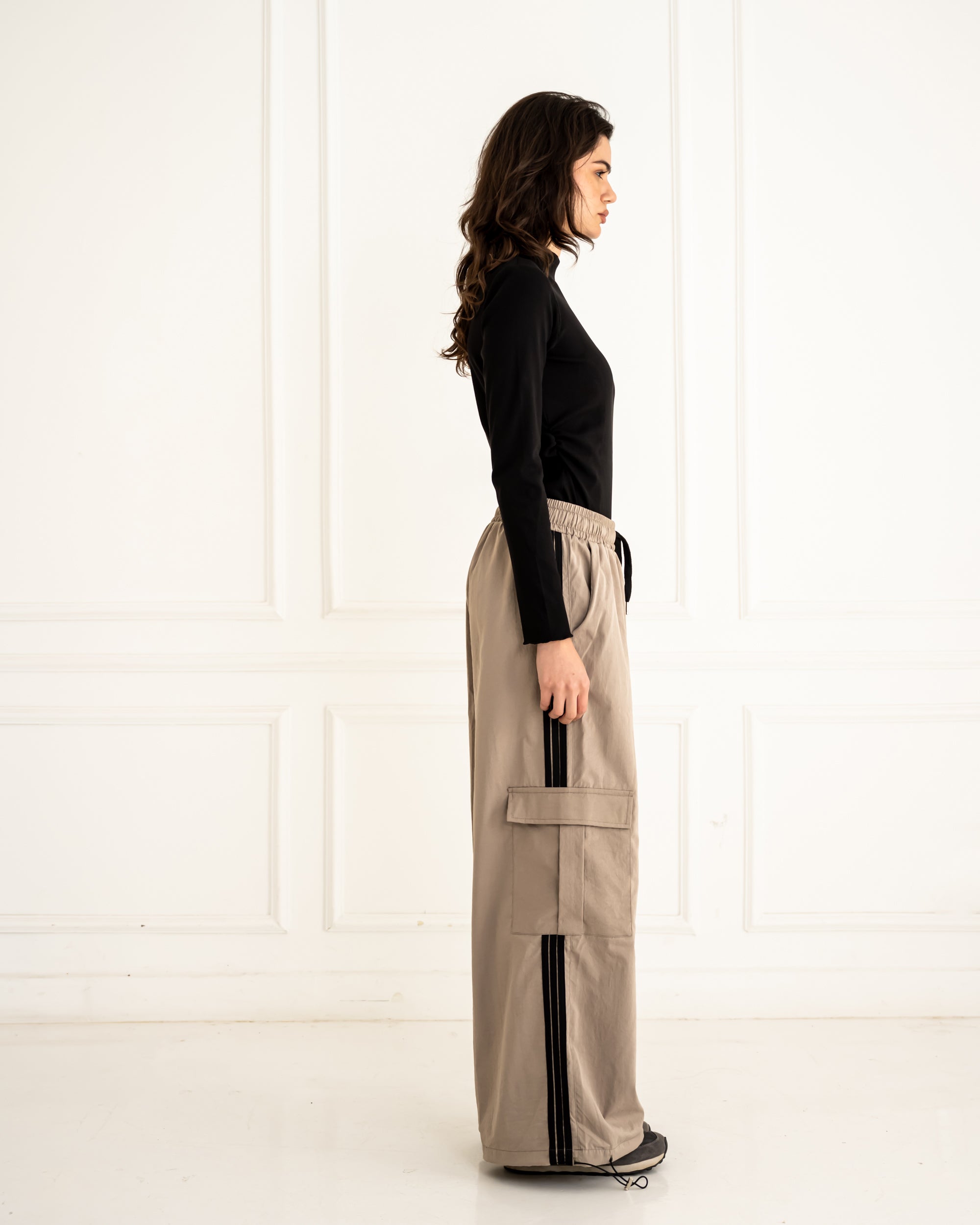 STRIPPED WIDE LEG PANTS -CAFE