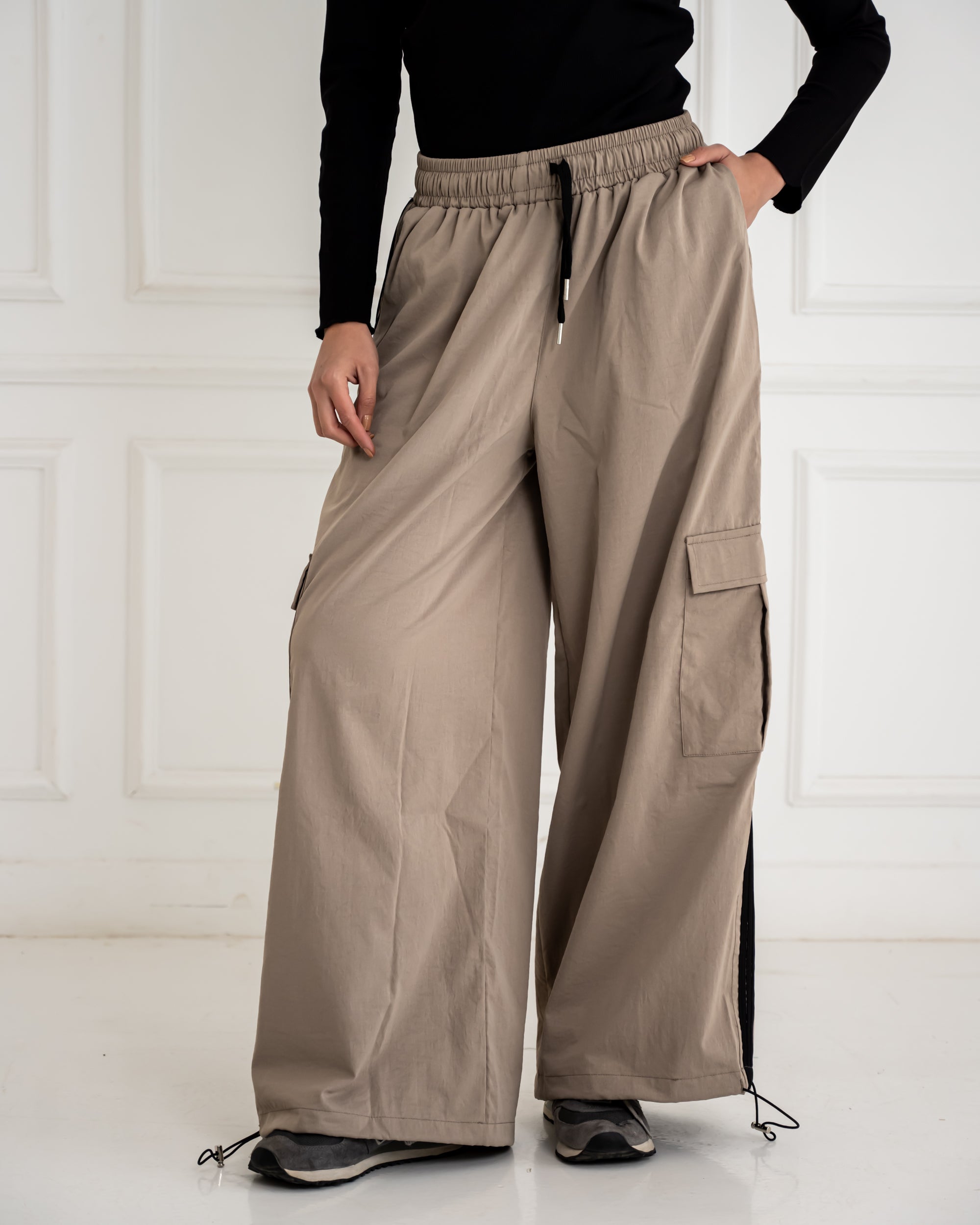 STRIPPED WIDE LEG PANTS -CAFE