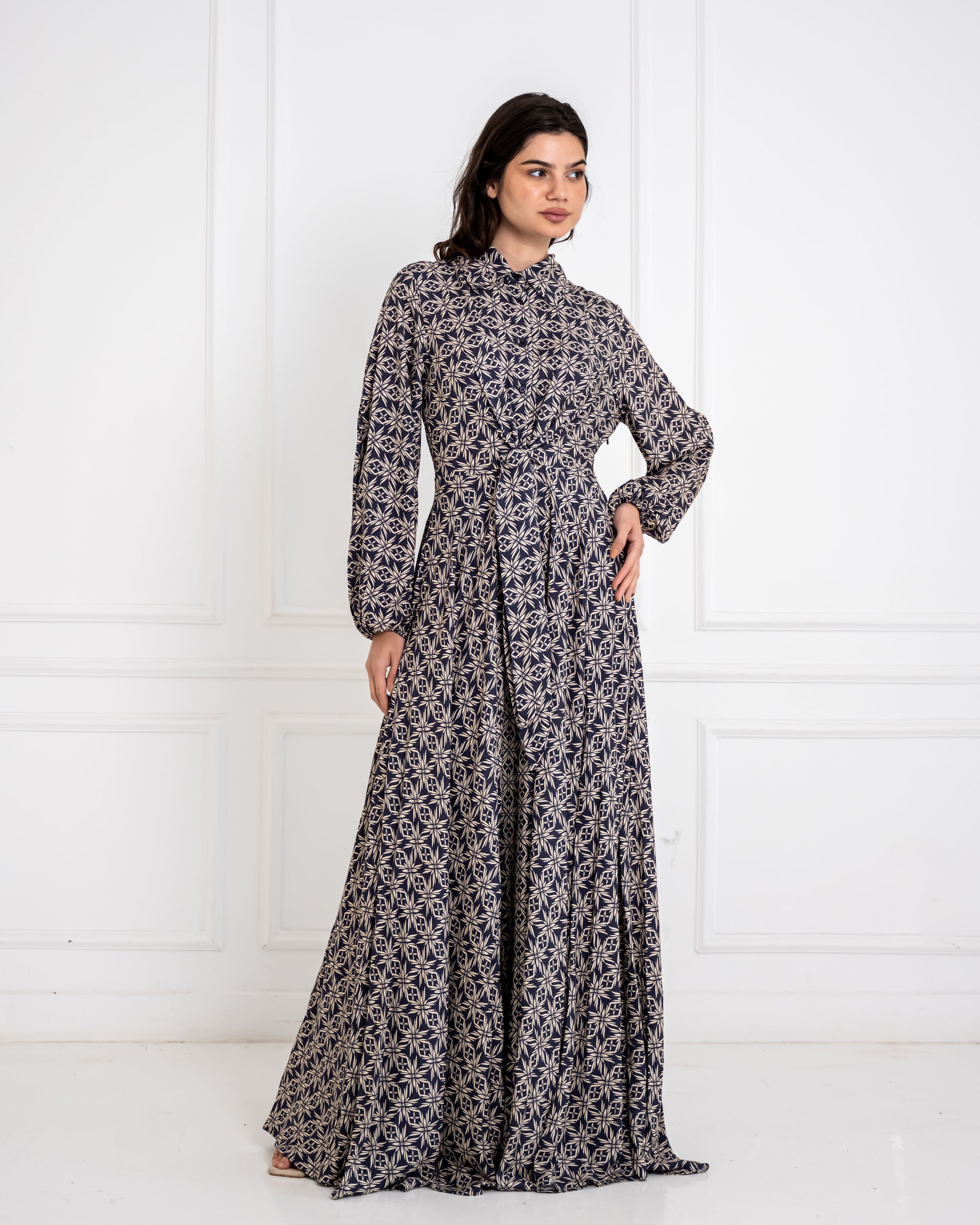 PRINTED COTTON FLOWY DRESS -BLUE BLACK