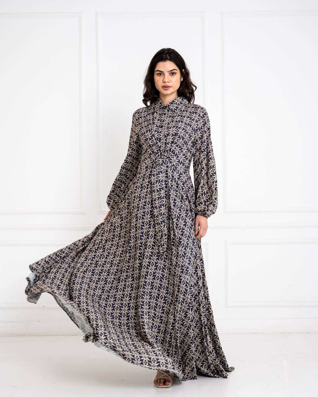 PRINTED COTTON FLOWY DRESS -BLUE BLACK