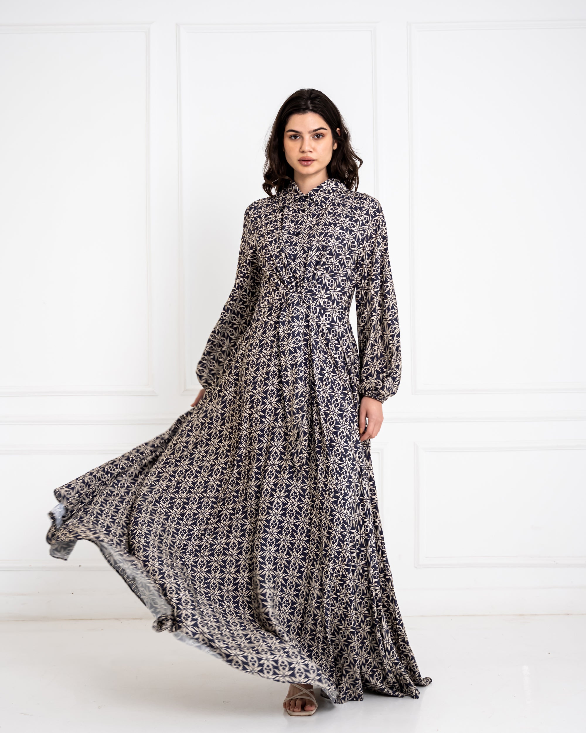PRINTED COTTON FLOWY DRESS -BLUE BLACK