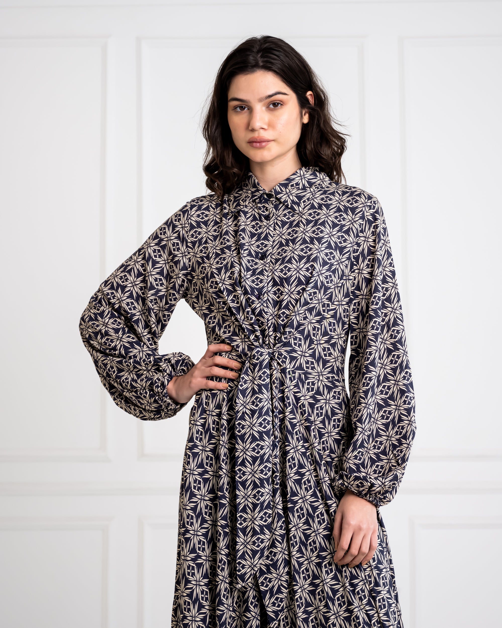 PRINTED COTTON FLOWY DRESS -BLUE BLACK