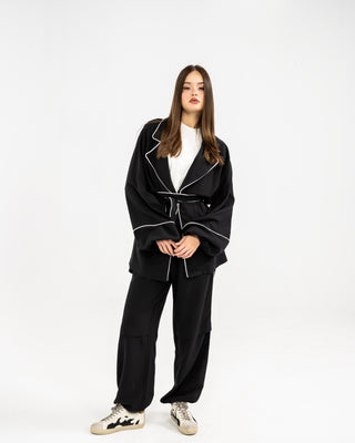 STRIPPED LINEN PANTS -BLACK