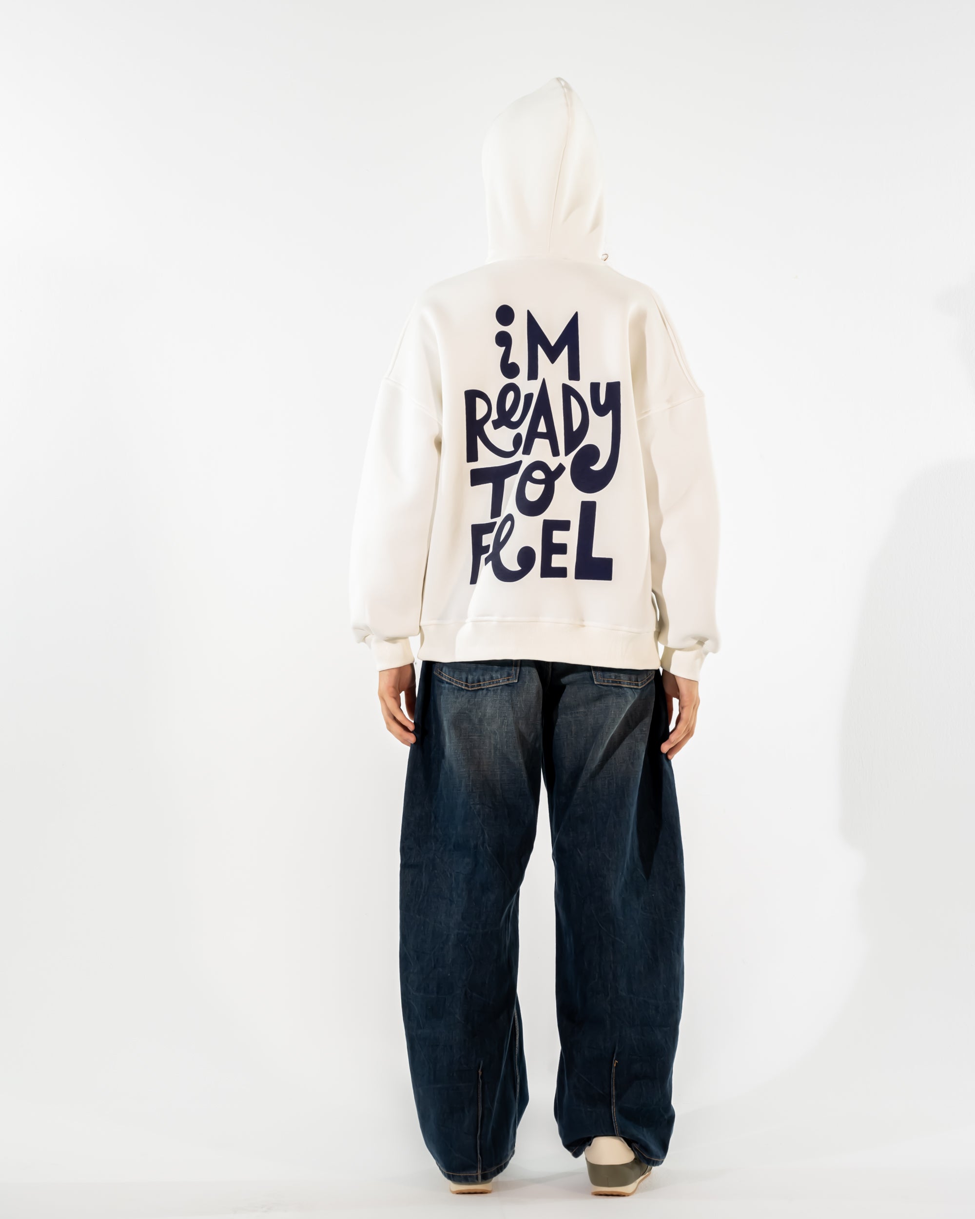 FLOCKED SLOGAN HOODIE-WHITE