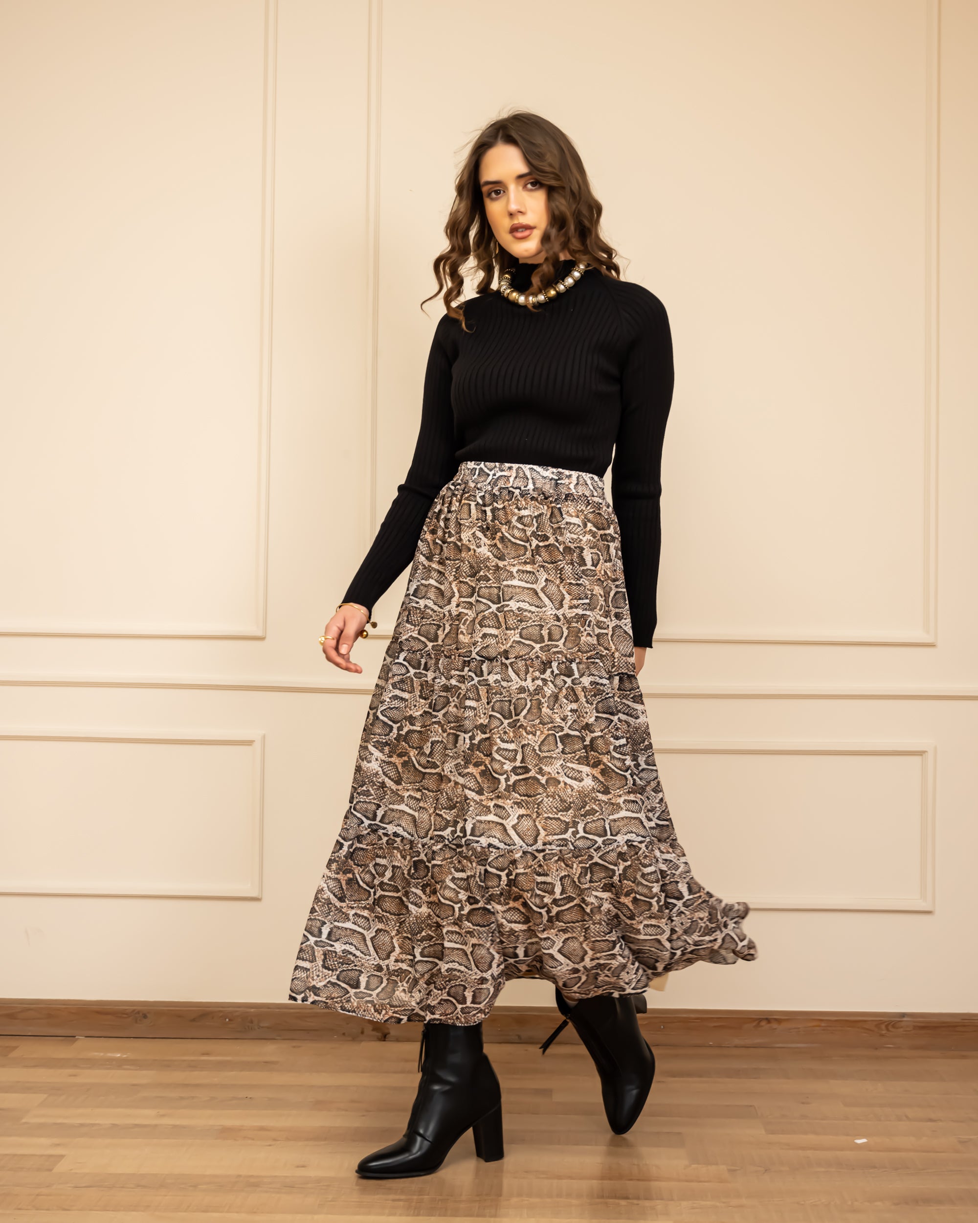 SNAKE SKIRT-BROWN