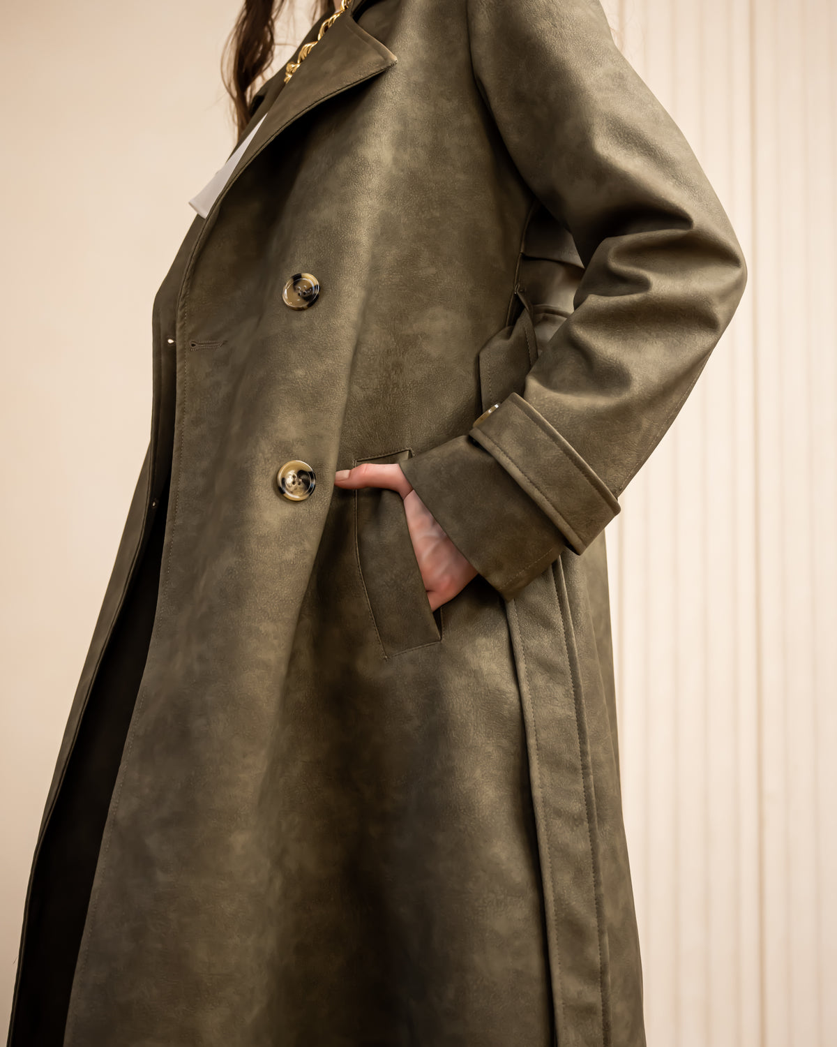 LEATHER TRENCH COAT-OLIVE