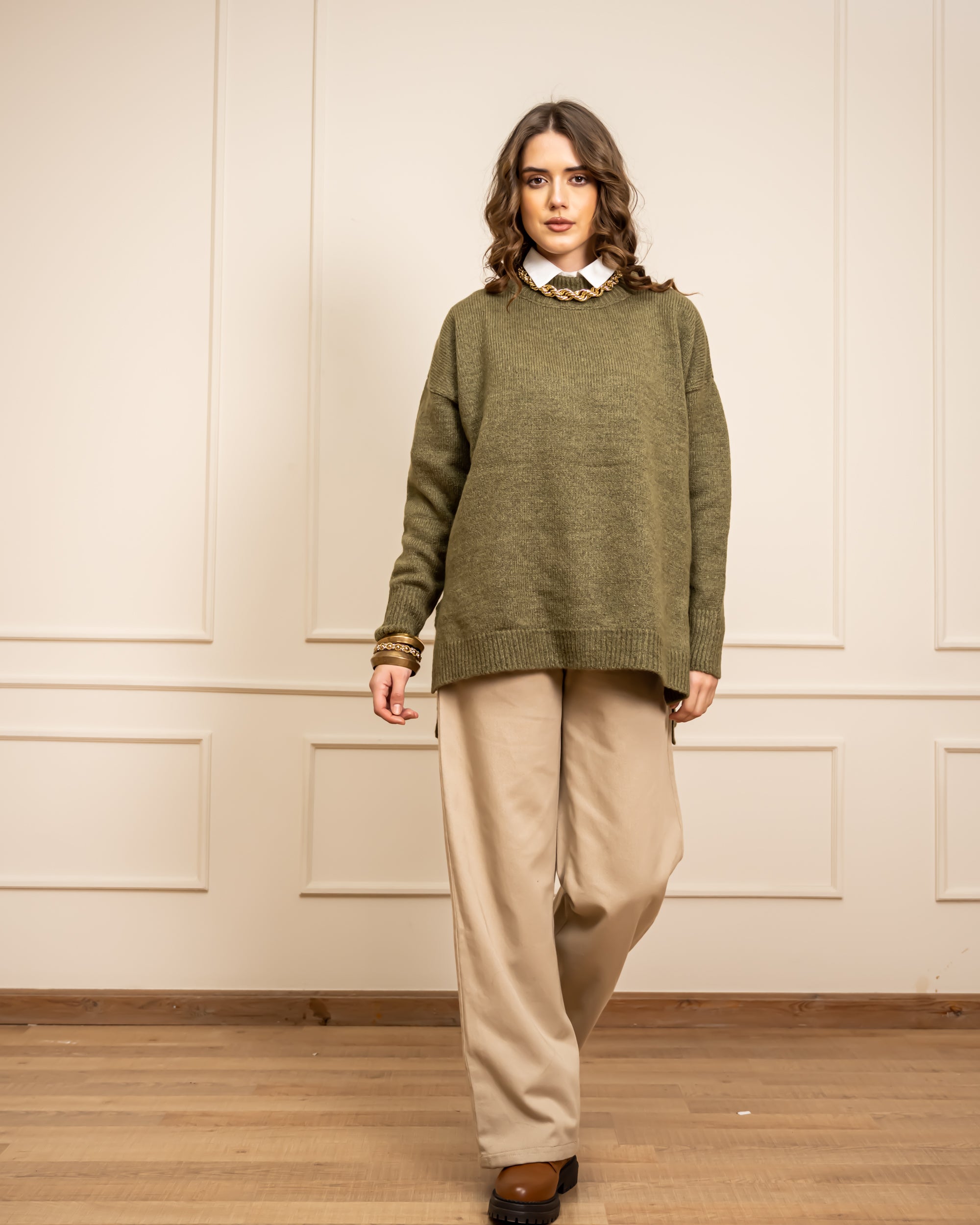 STRAIGHT GABARDINE PANTS -BEIGE