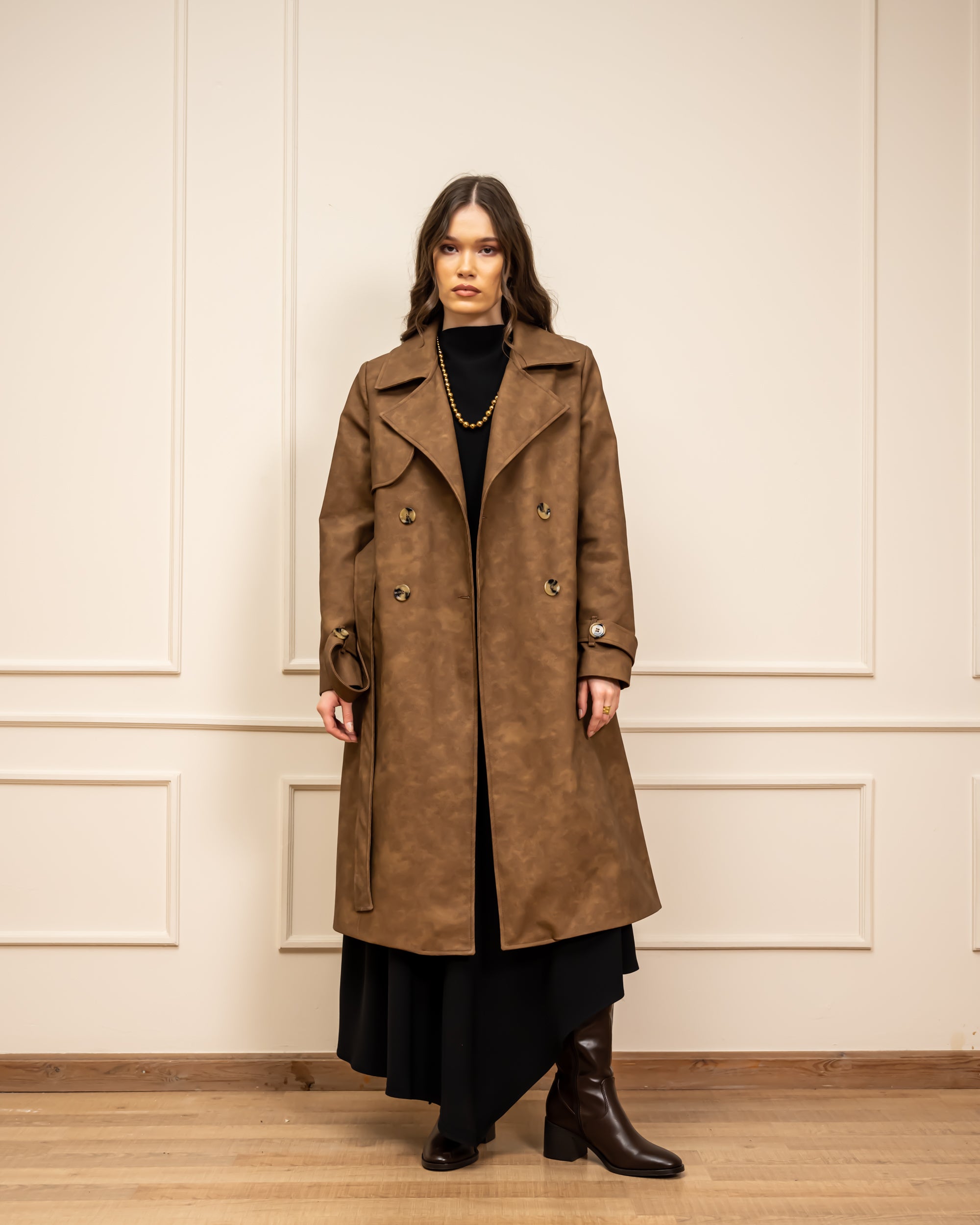 LEATHER TRENCH COAT-BROWN