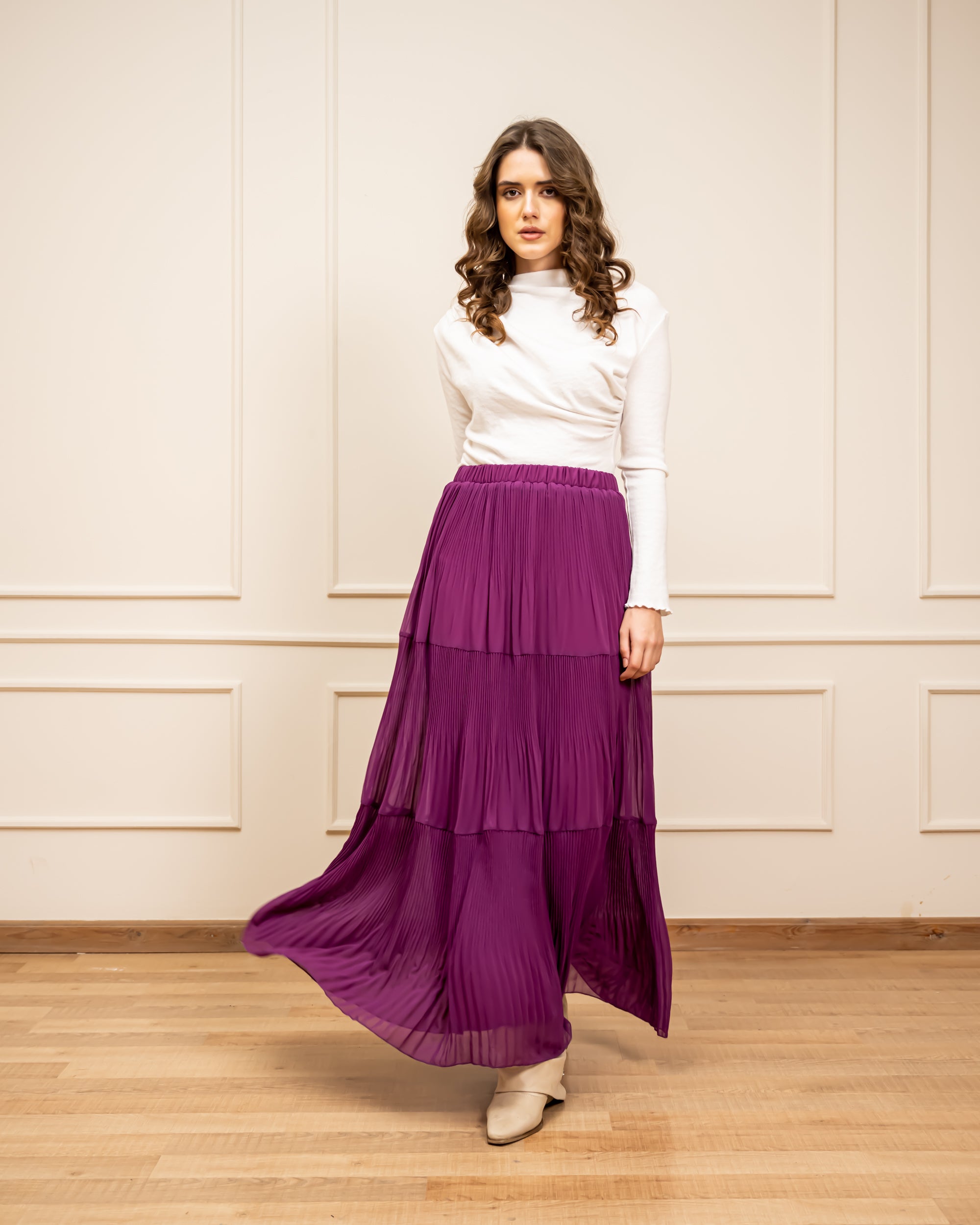LAYERED CHIFFON PLISSE SKIRT-Burgundy