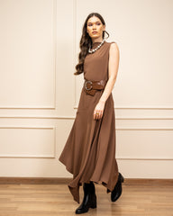 SLEEVELESS HIGH LOW DRESS-BROWN