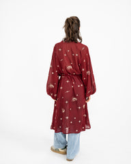 EMBROIDERED CHIFFON CARDIGAN -MAROON