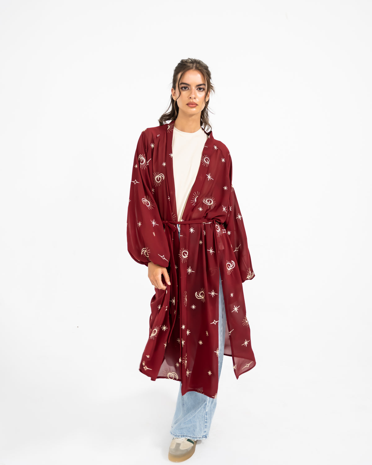EMBROIDERED CHIFFON CARDIGAN -MAROON