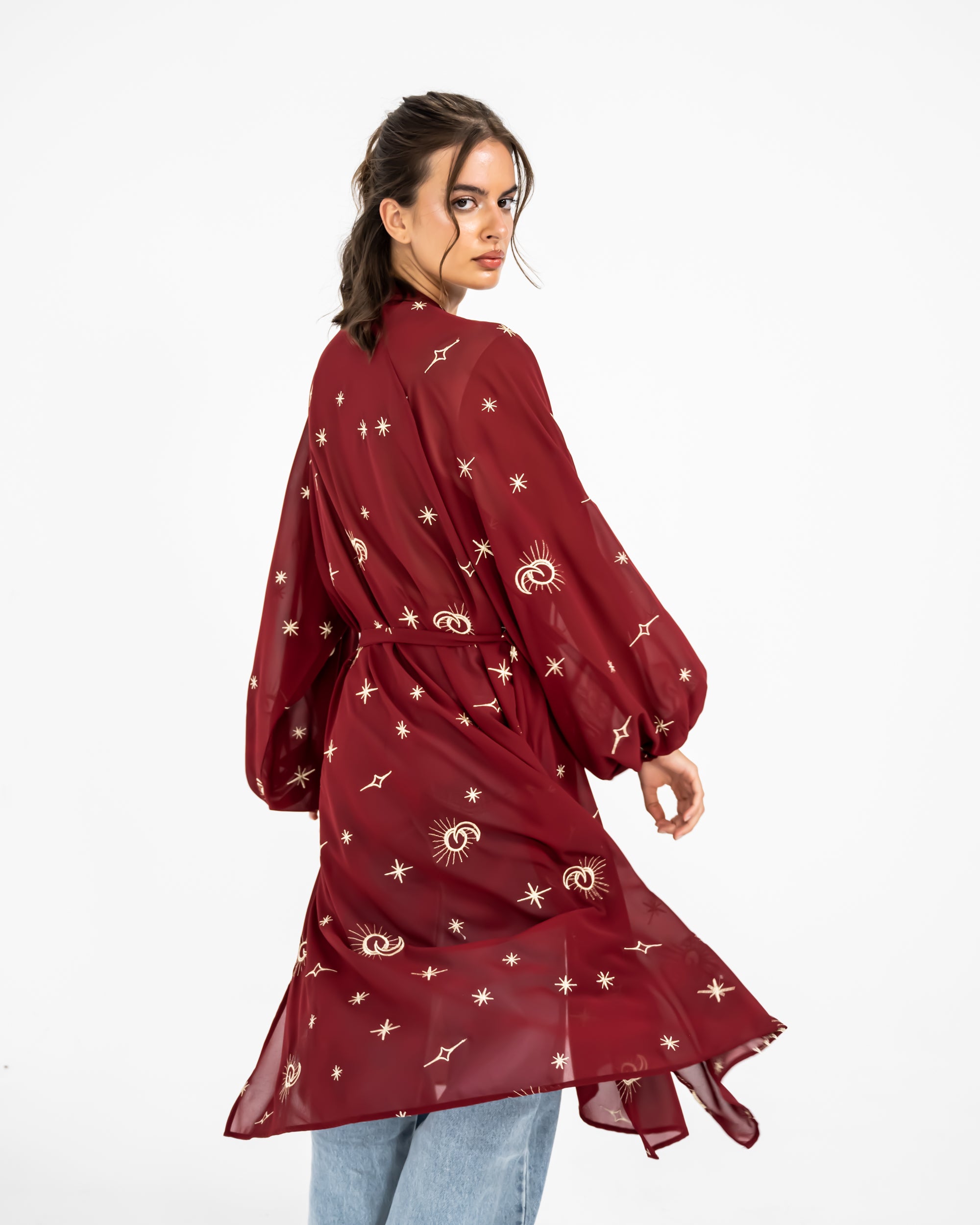 EMBROIDERED CHIFFON CARDIGAN -MAROON