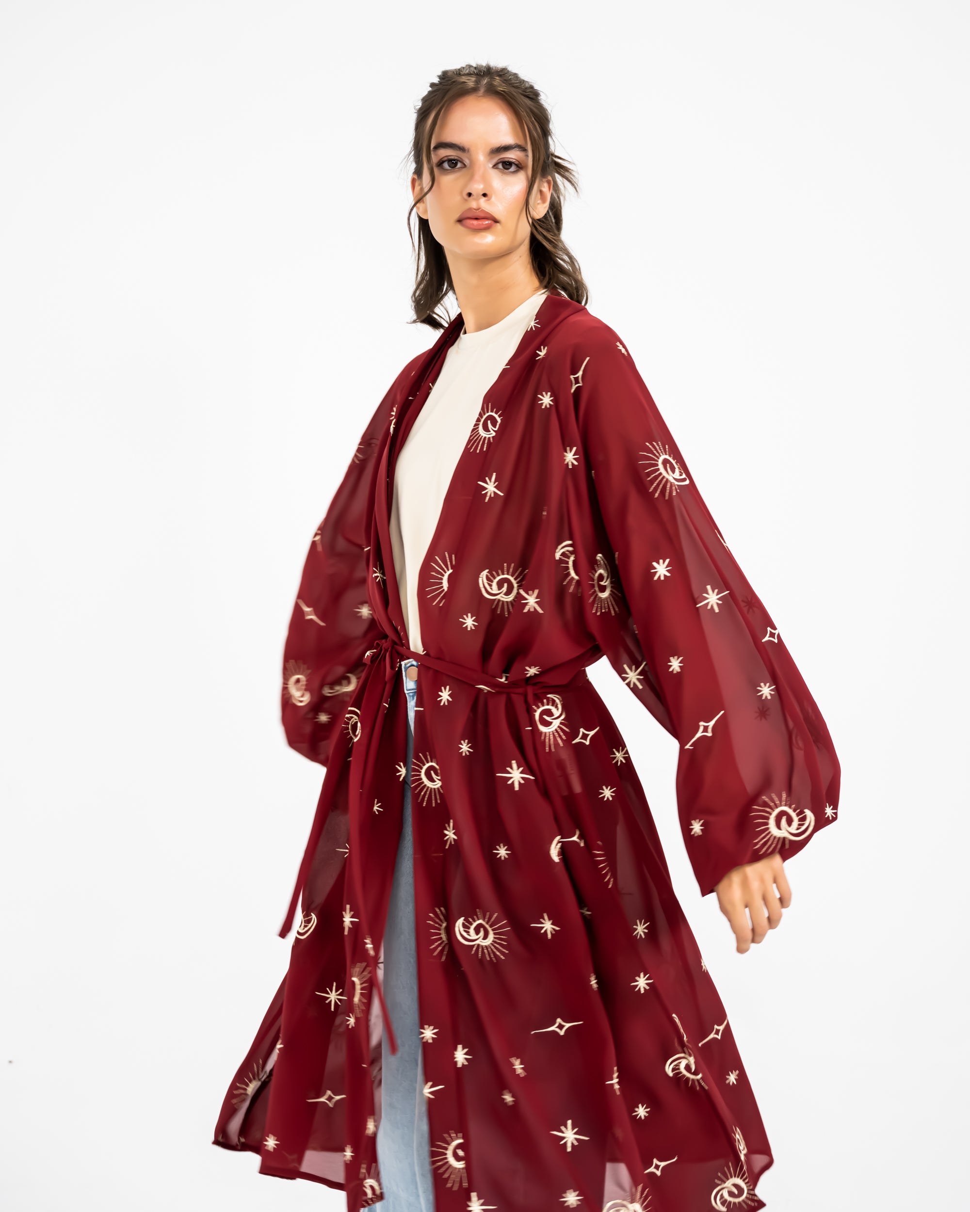 EMBROIDERED CHIFFON CARDIGAN -MAROON