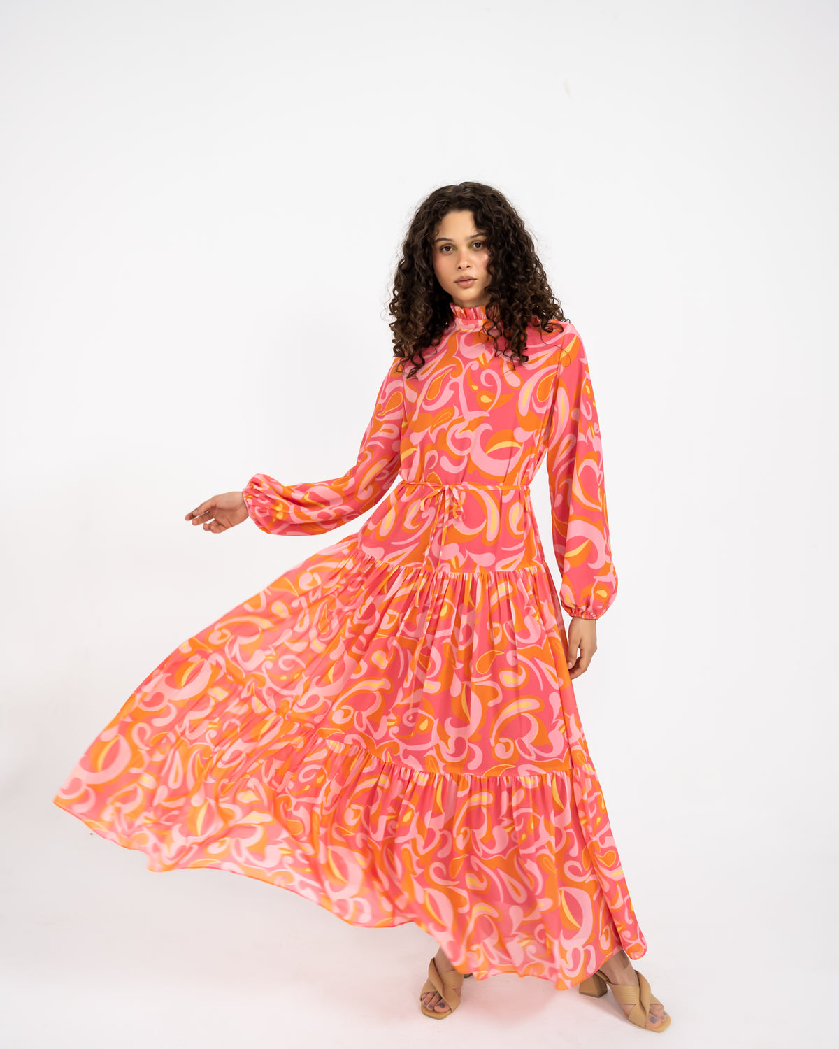 PRINTED RUFFLE DRESS -PINK