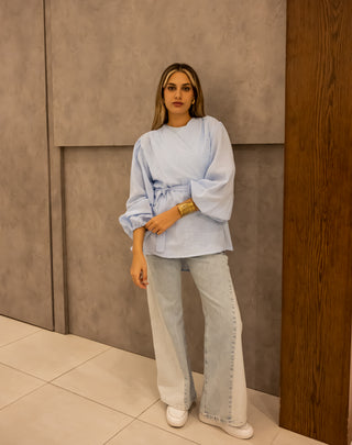 WRAPPED LINEN BLOUSE -BABY BLUE