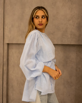 WRAPPED LINEN BLOUSE -BABY BLUE