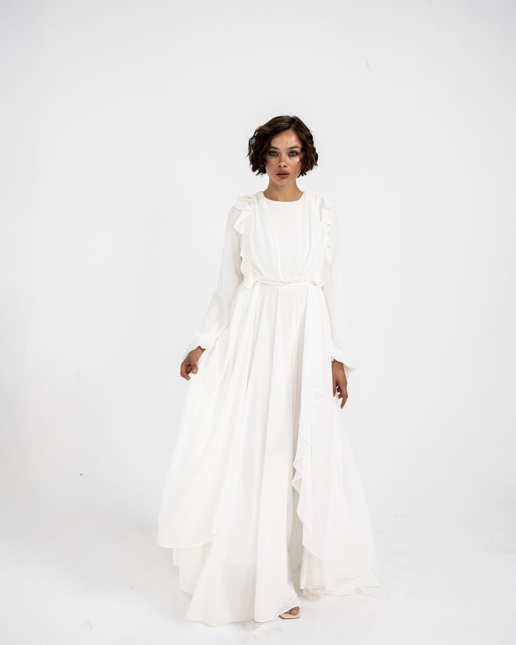 RUFFLE CHIFFON DRESS -OFF WHITE