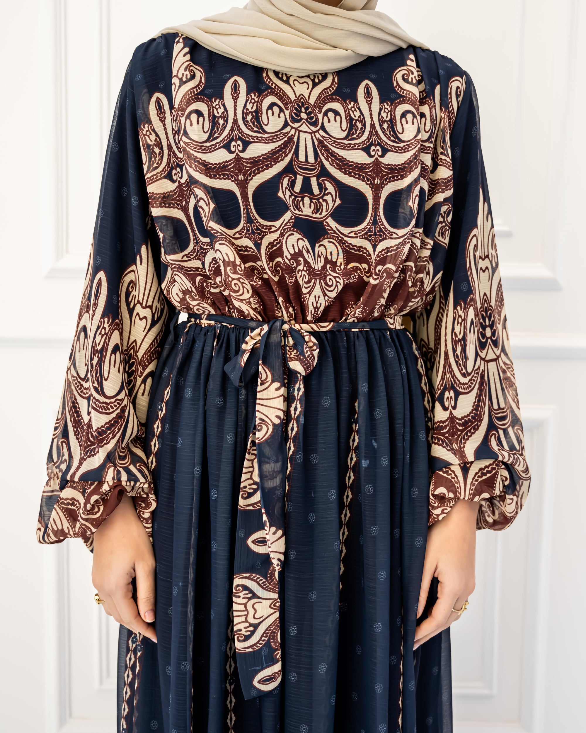 PAISLEY PATTERN CHFFON DRESS-NAVY BLUE