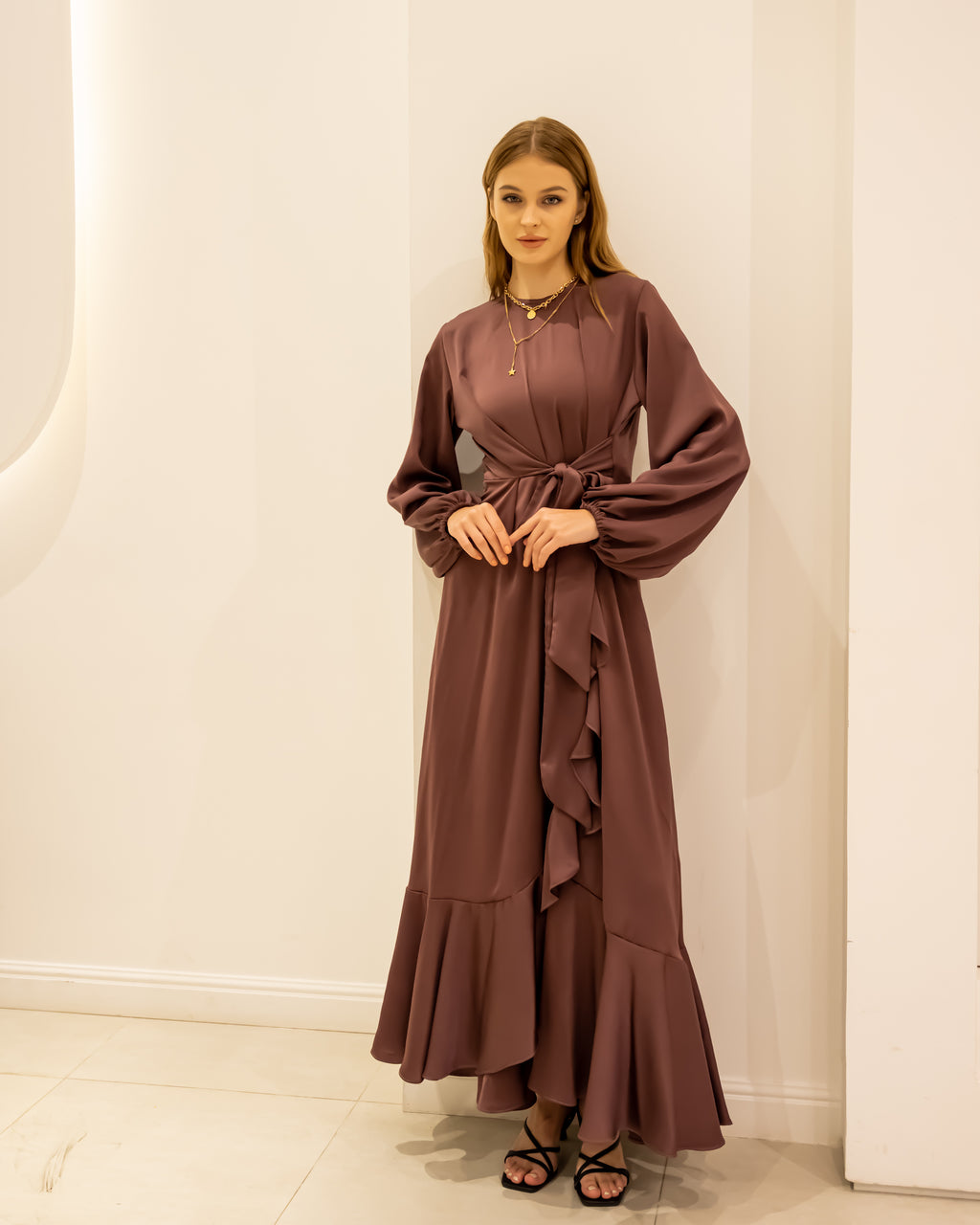 RUFFLE SATIN DRESS-DARK CASHMERE