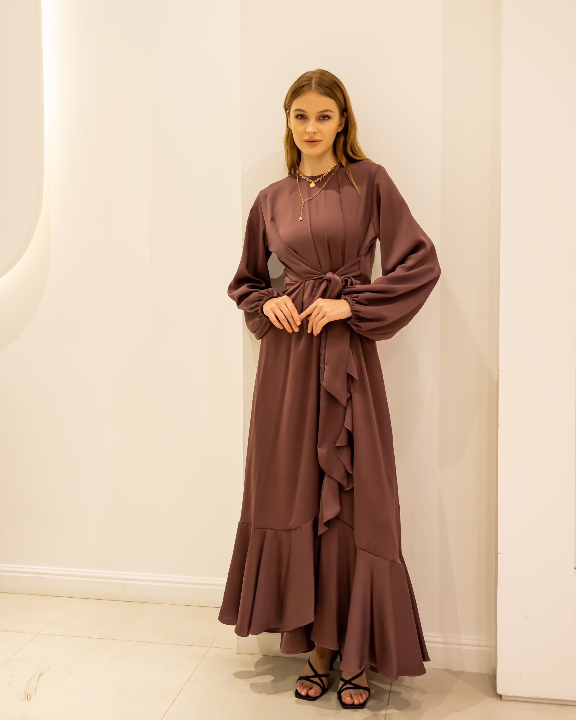 RUFFLE SATIN DRESS-DARK CASHMERE