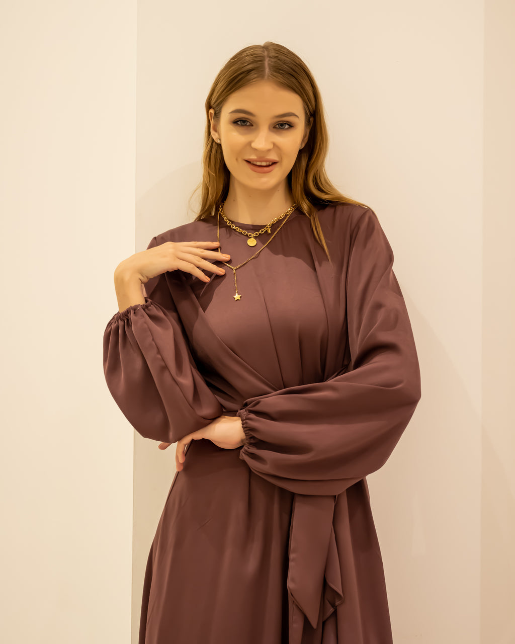 RUFFLE SATIN DRESS-DARK CASHMERE