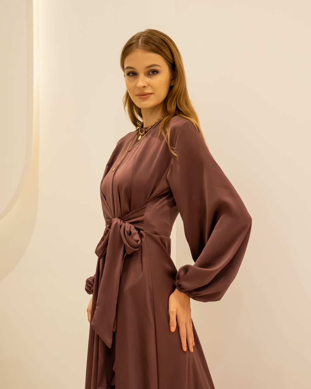 RUFFLE SATIN DRESS-DARK CASHMERE