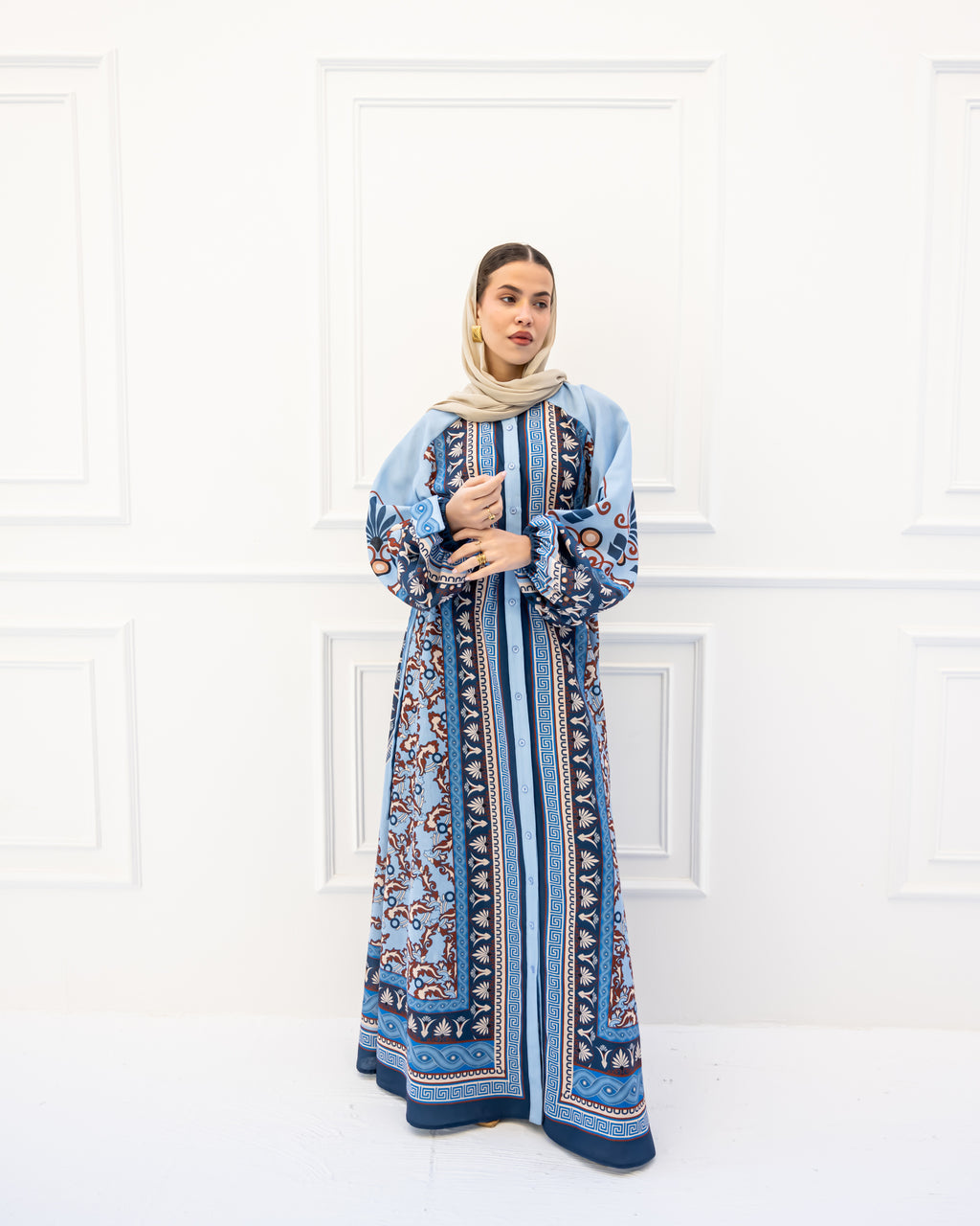 BORDERED LINEN SHIRT DRESS-BLUE