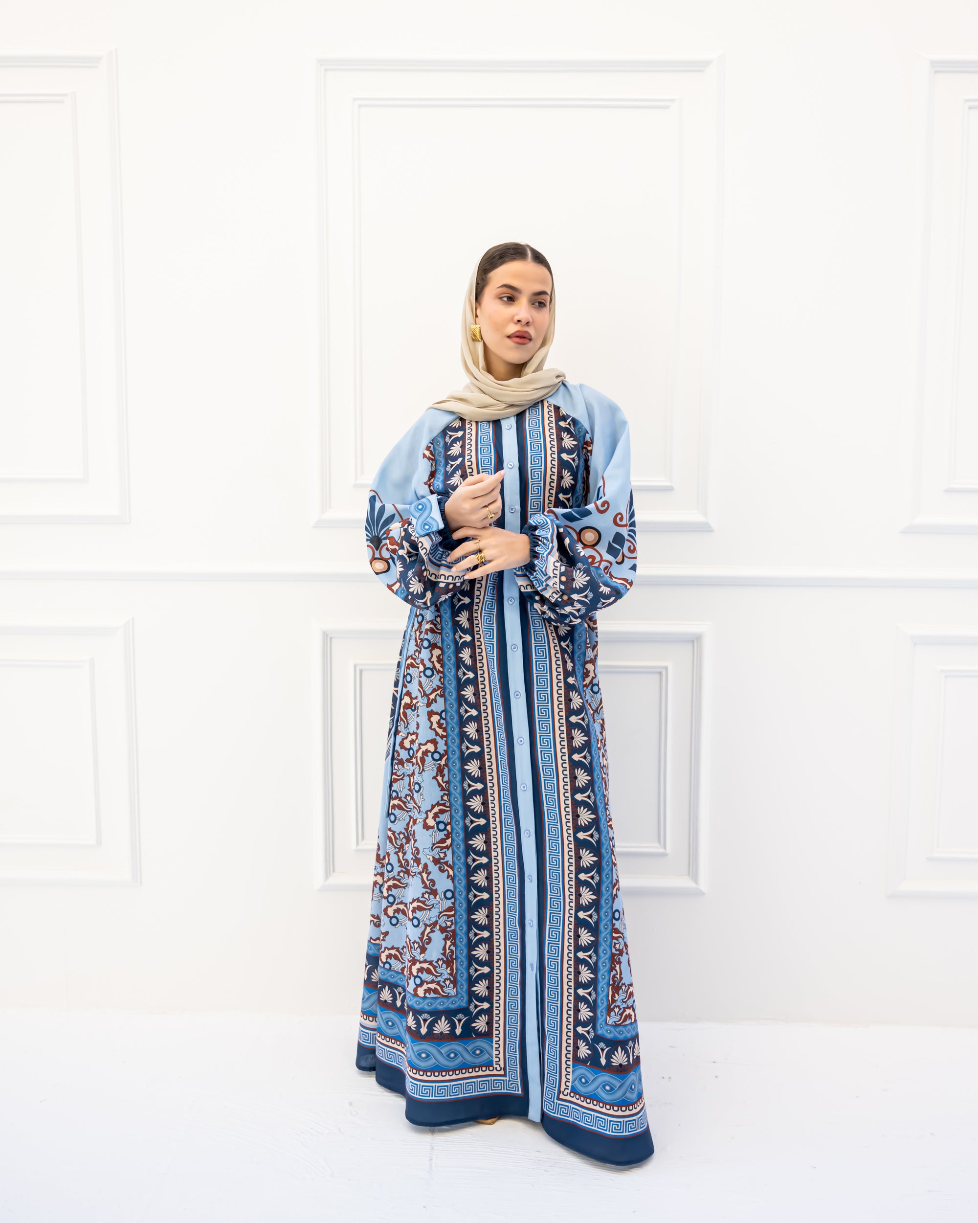 BORDERED LINEN SHIRT DRESS-BLUE