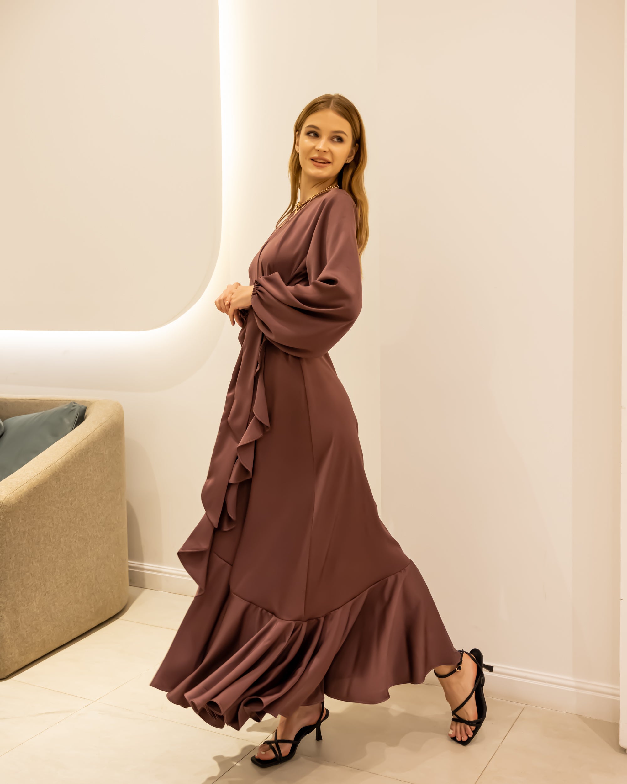 RUFFLE SATIN DRESS-DARK CASHMERE