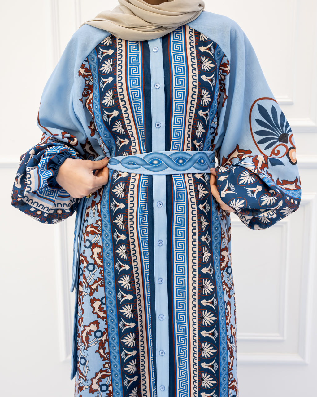 BORDERED LINEN SHIRT DRESS-BLUE