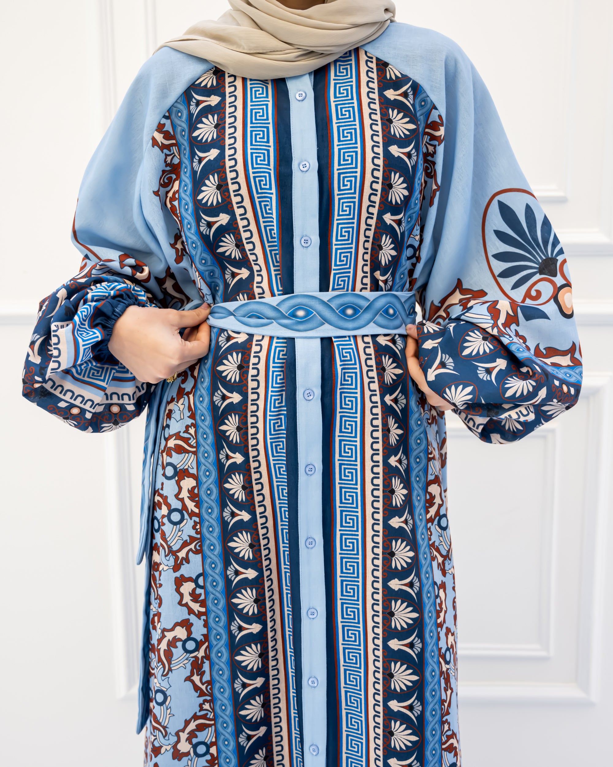 BORDERED LINEN SHIRT DRESS-BLUE