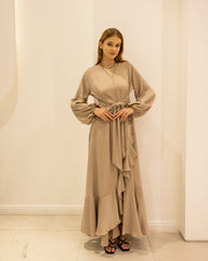 RUFFLE SATIN DRESS-DARK BEIGE