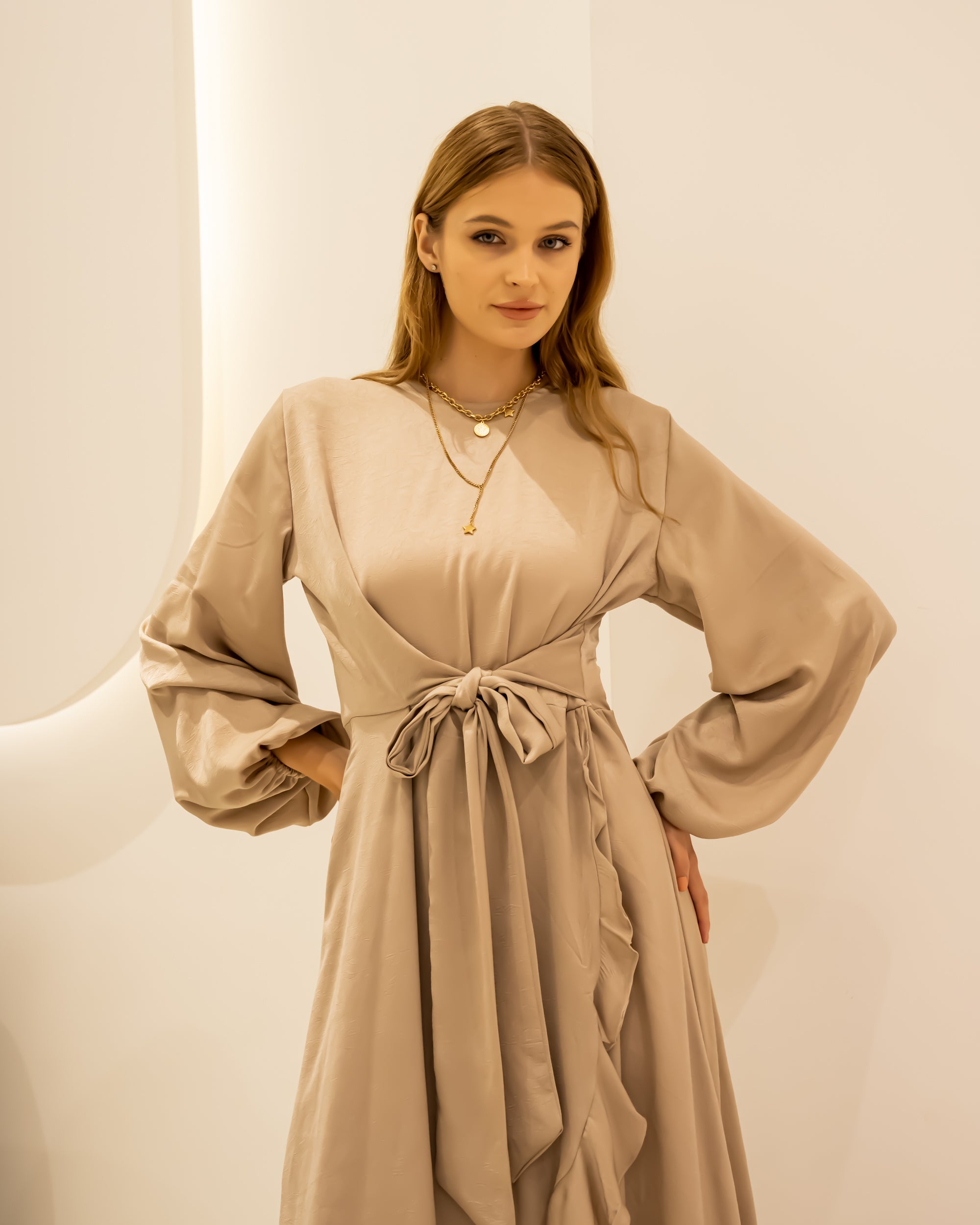 RUFFLE SATIN DRESS-DARK BEIGE