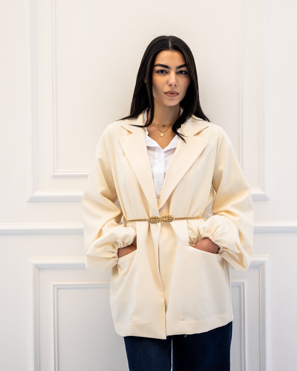 WITH BELT OVERSIZEED JACKET-Light yellow