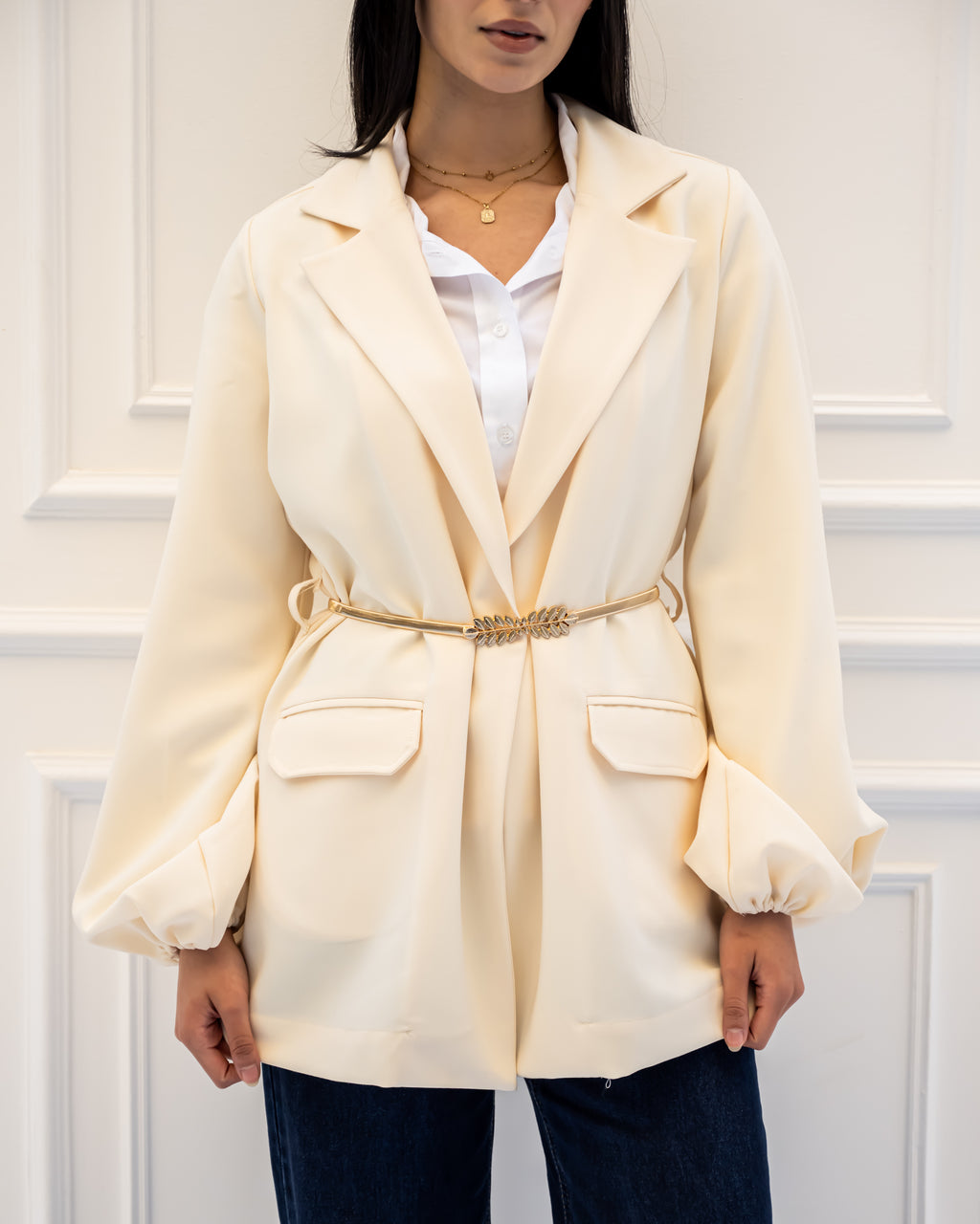 WITH BELT OVERSIZEED JACKET-Light yellow