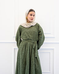 CUTWORK FLOWERED DRESS-OLIVE