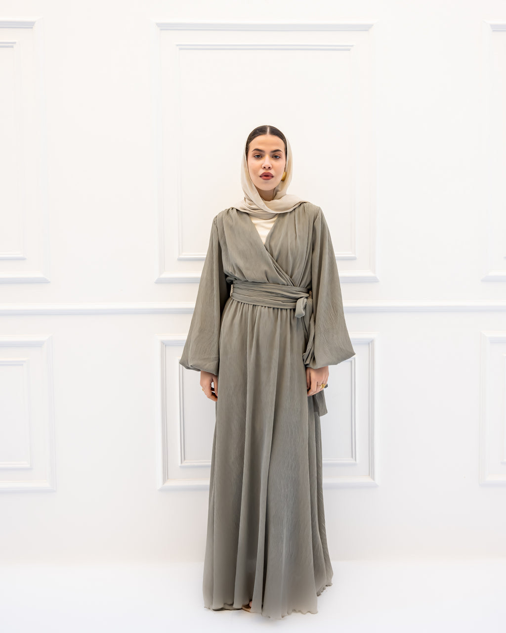 pleated chiffon dress-OLIVE