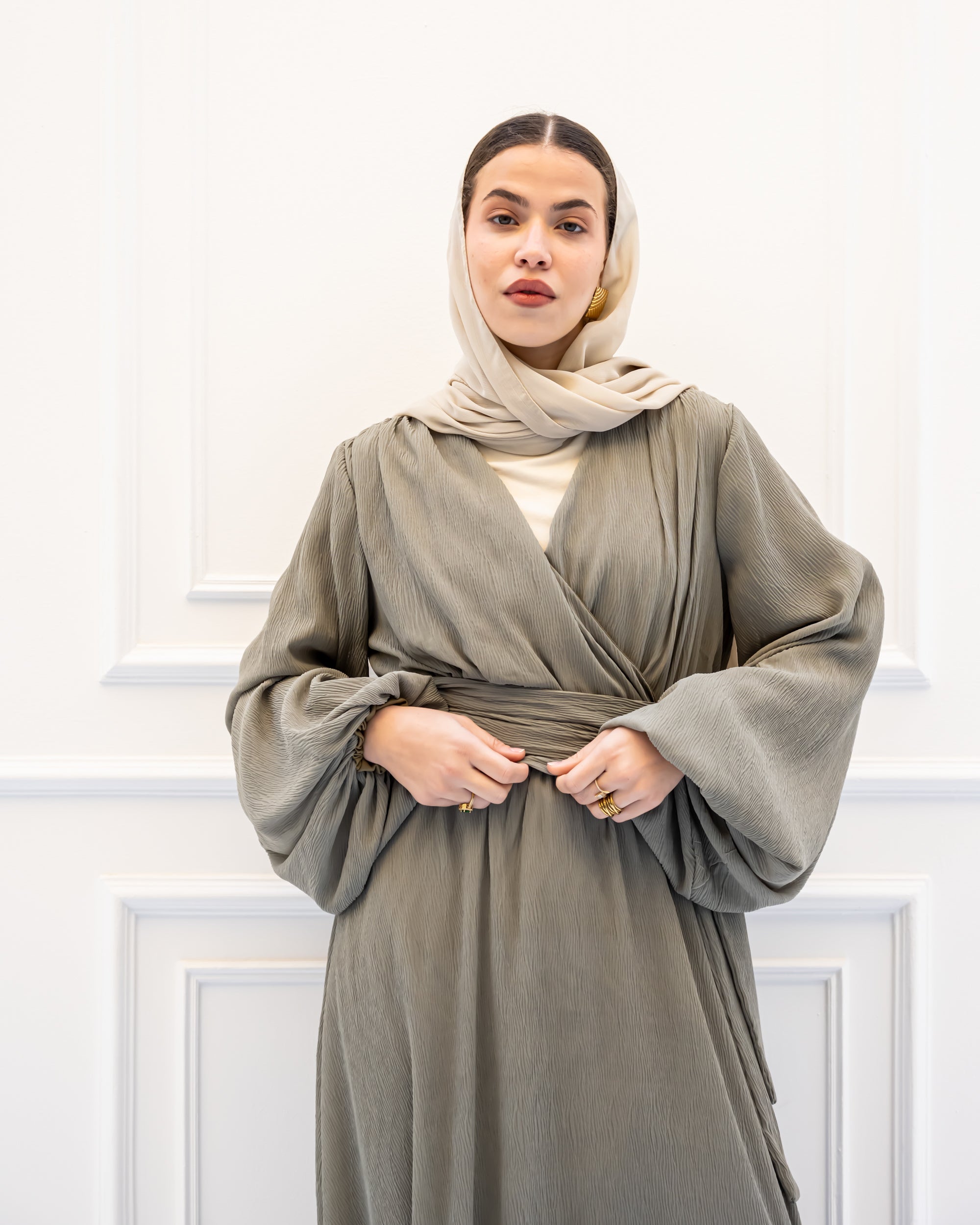 pleated chiffon dress-OLIVE