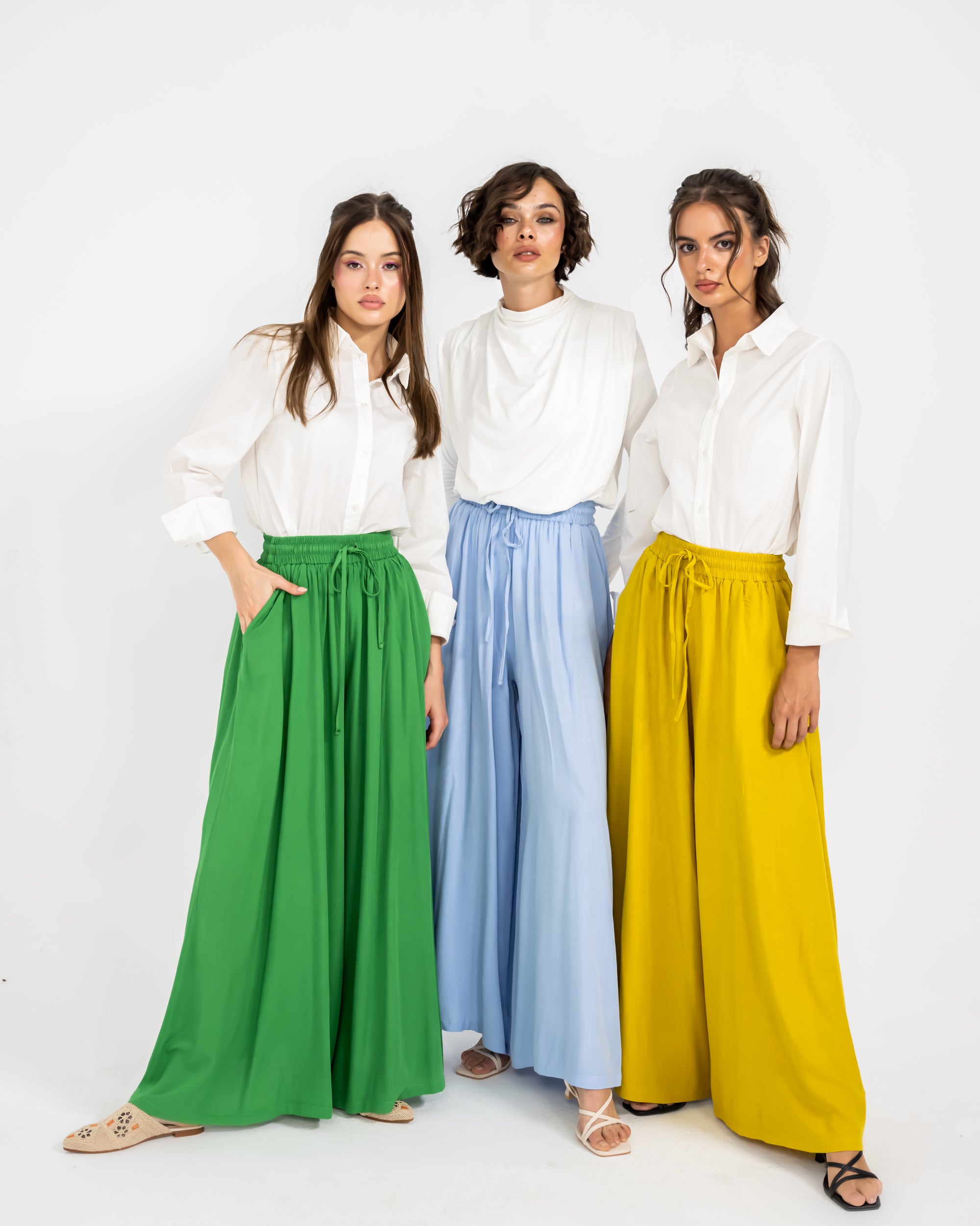 LINEN WIDE LEG PANTS-YELLOW