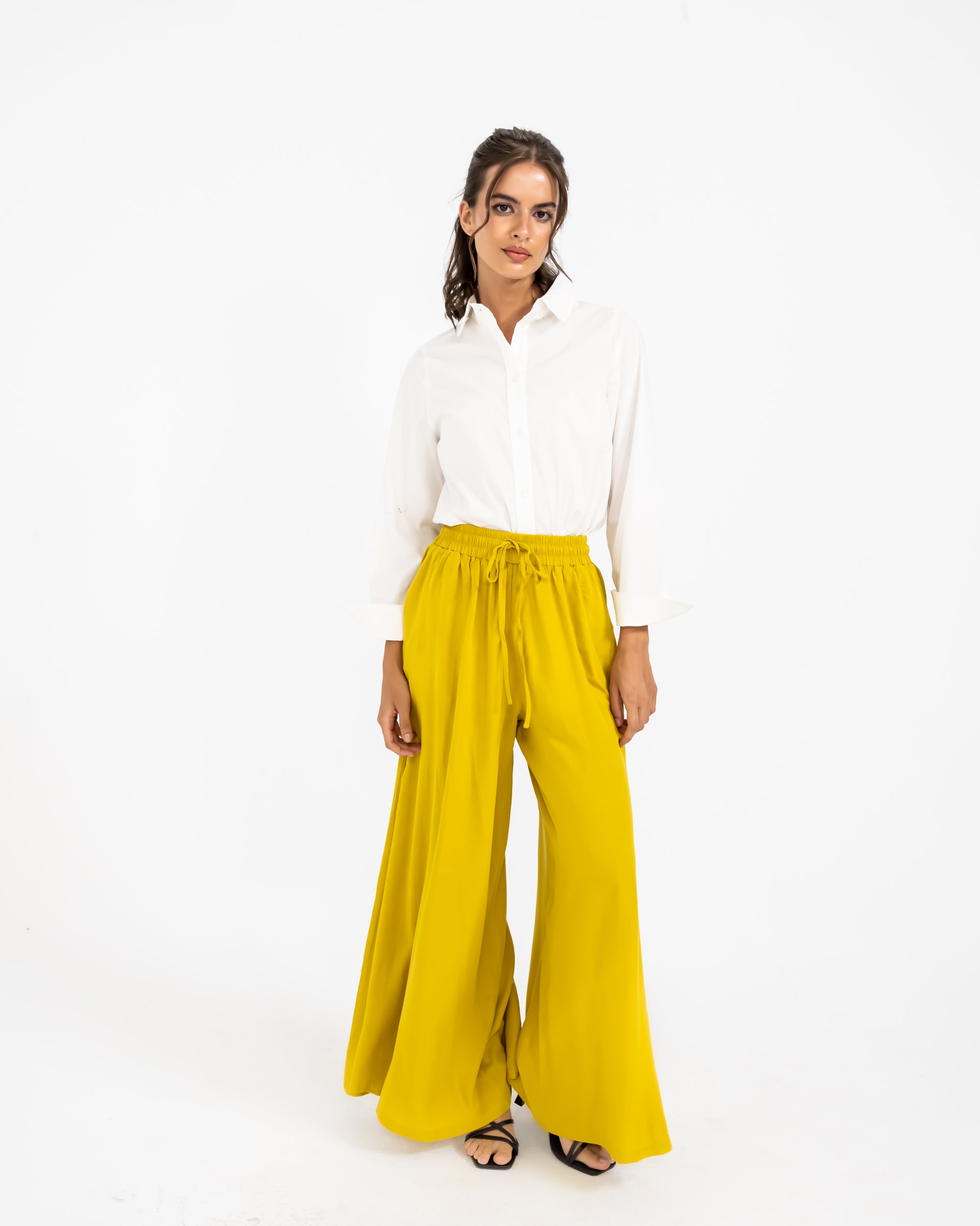 LINEN WIDE LEG PANTS-YELLOW