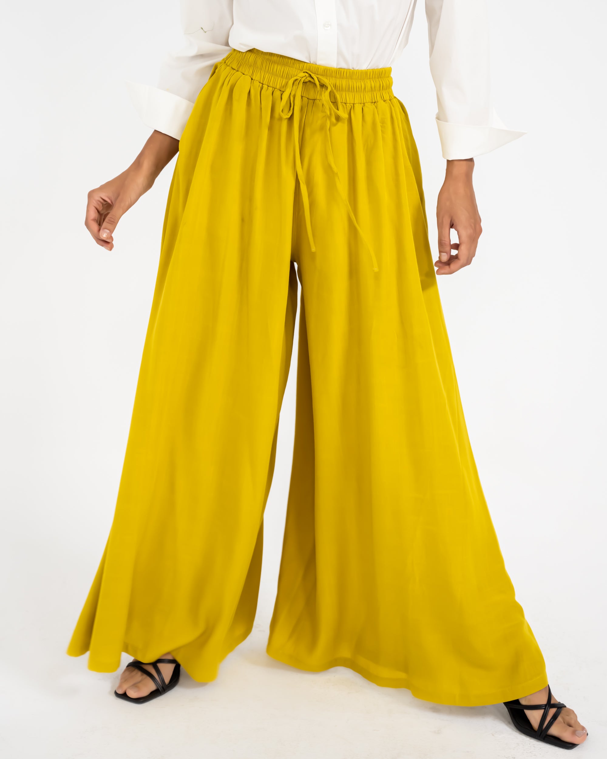 LINEN WIDE LEG PANTS-YELLOW