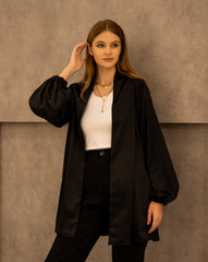 WITH BELT SATIN CARDIGAN -BLACK