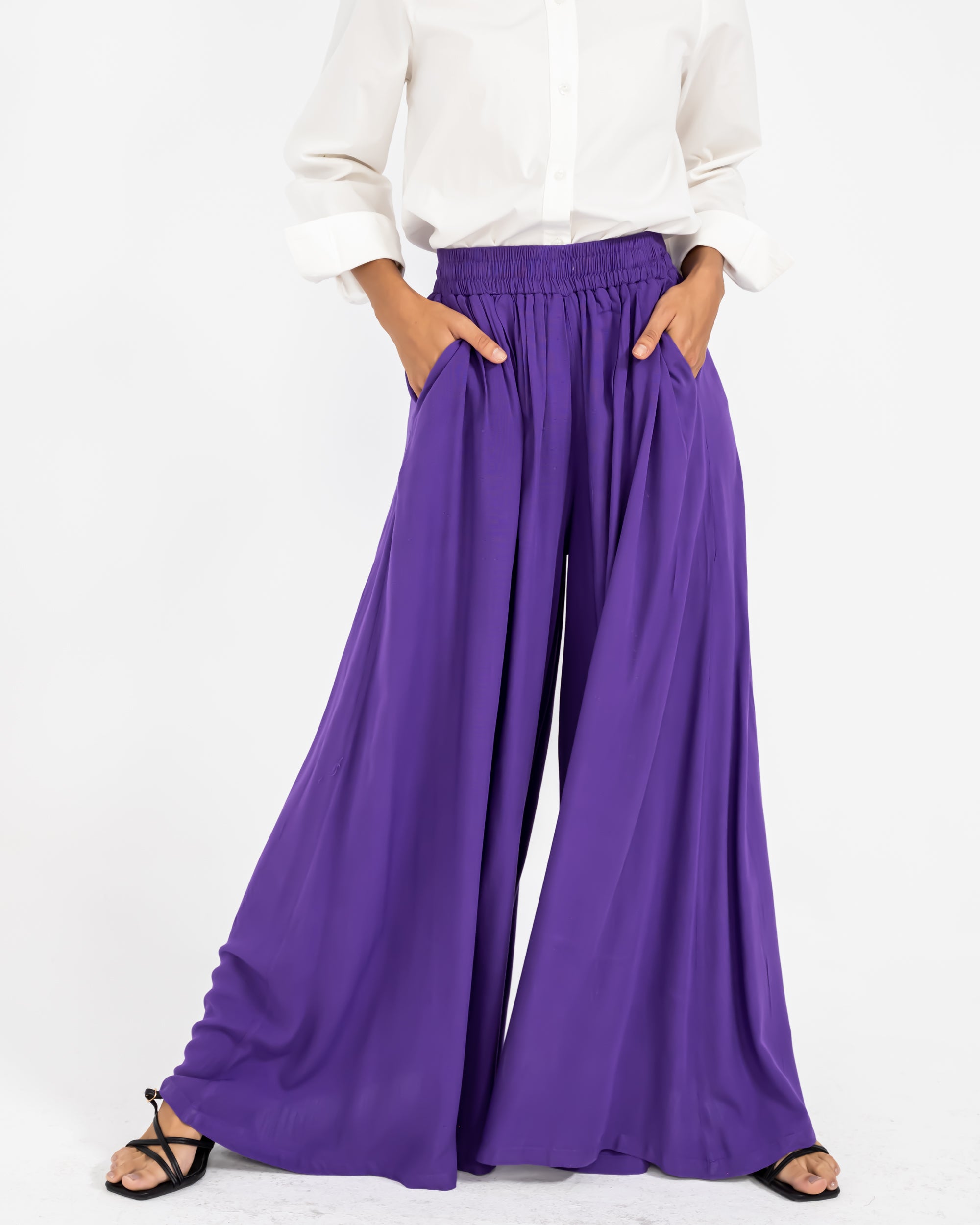 LINEN WIDE LEG PANTS-PURPLE