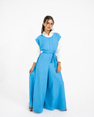 SLEEVELESS LINEN JUMPSUIT-BABY BLUE