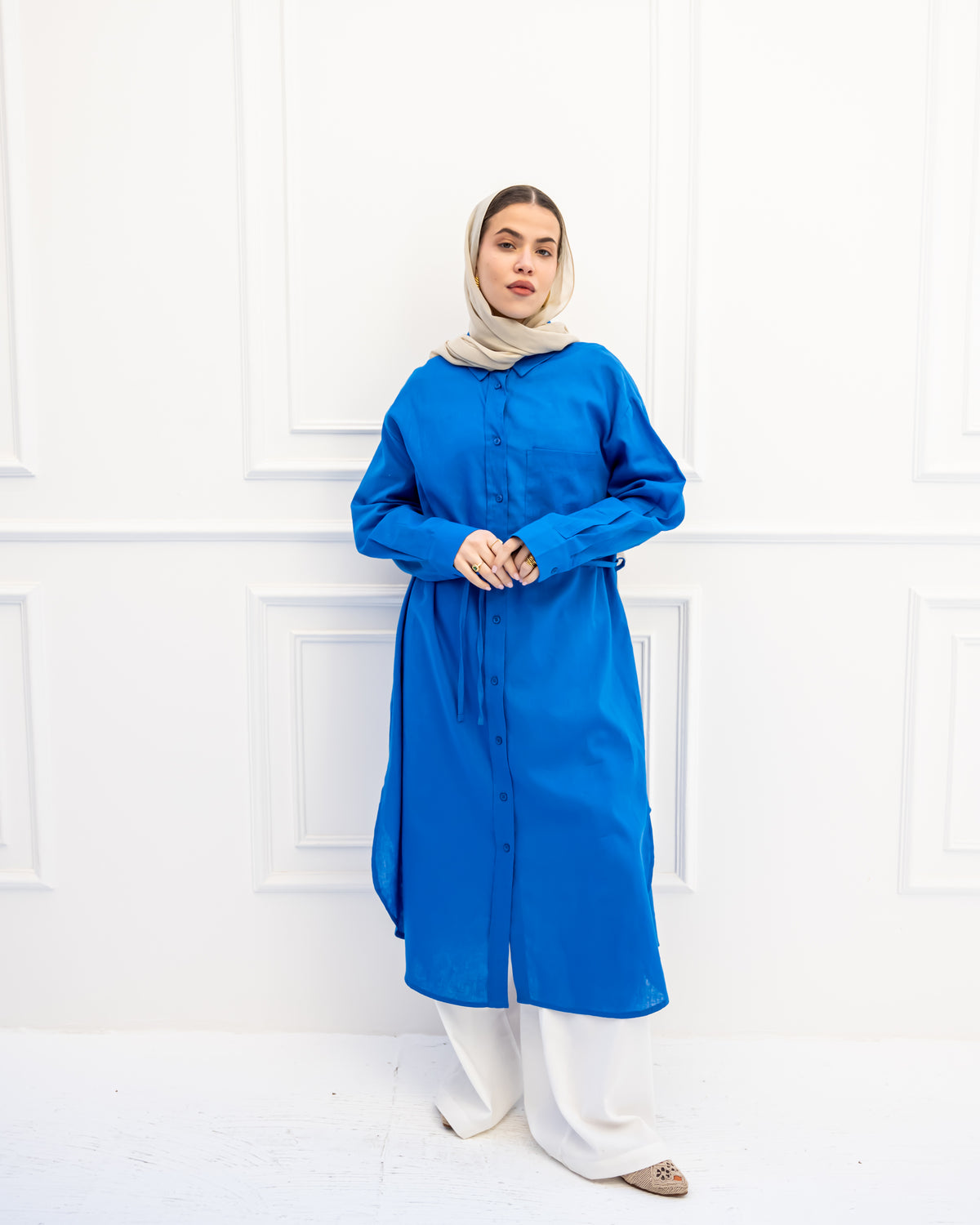 PURE LINEN LONG SHIRT-BLUE