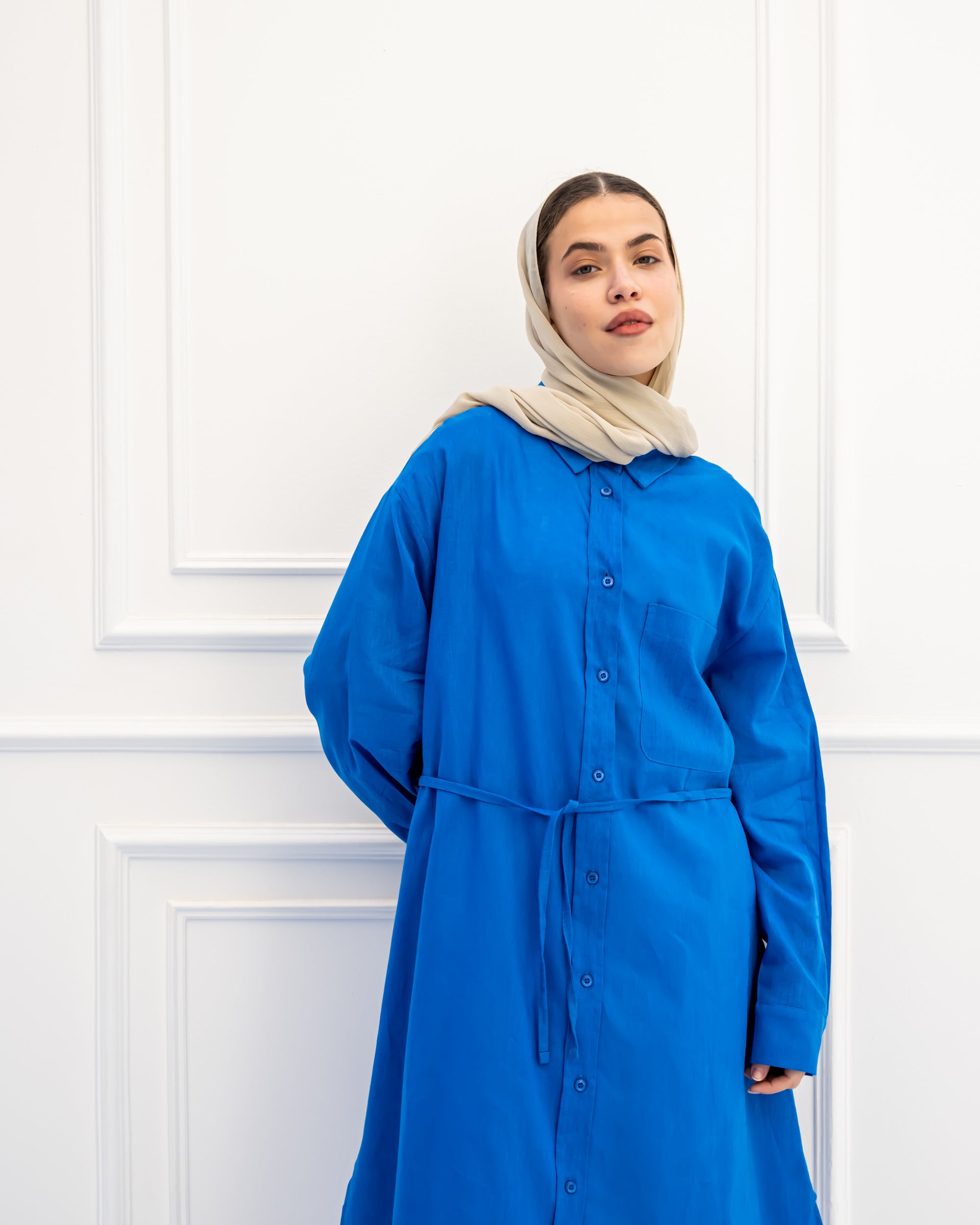 PURE LINEN LONG SHIRT-BLUE